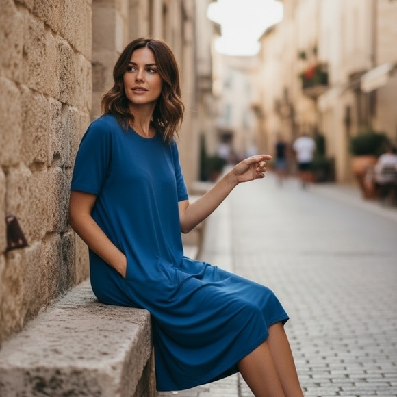 Eileen Fisher Blue Midi Dress - Picture 3 of 8